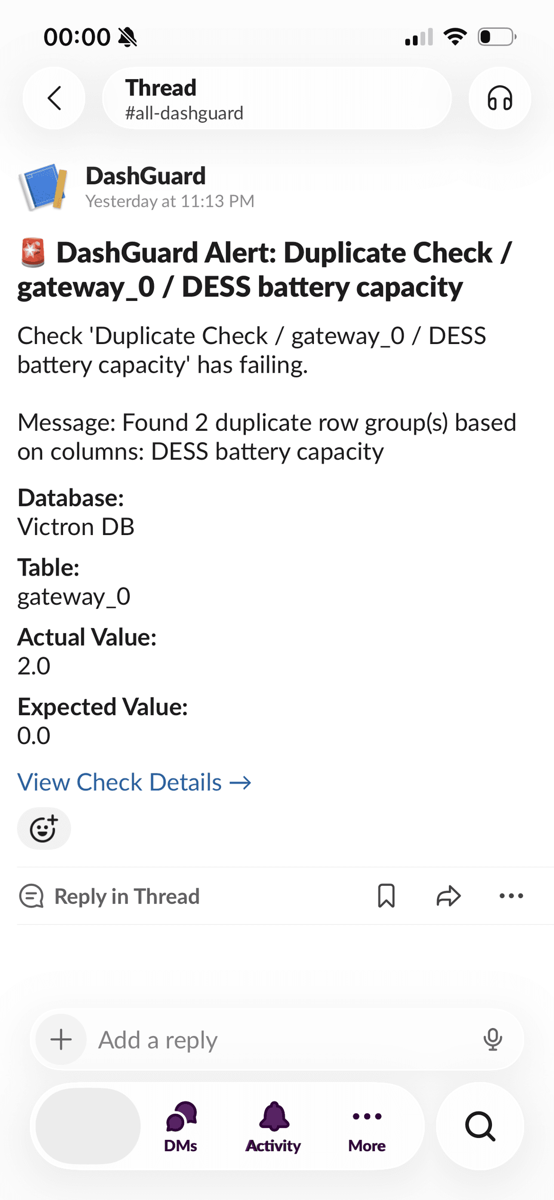 DashGuard Slack alert with check details on mobile